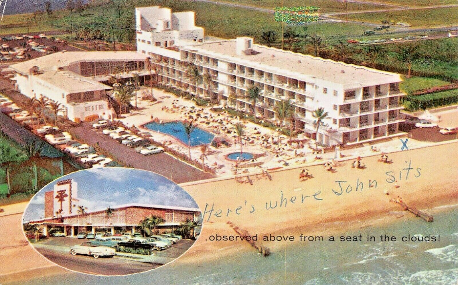 Birdseye View Miami Beach Florida Sands Motel roadside 1950s Postcard pool  7795