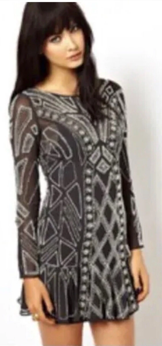 NEEDLE AND THREAD Black Geo Pearl Hand Embellished Beaded Short Dress UK 10 385