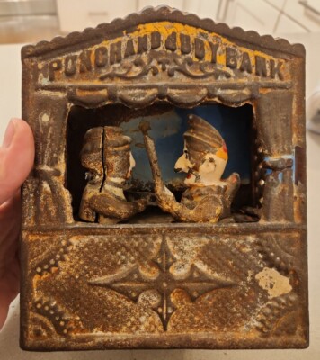PUNCH & JUDY CAST IRON MECHANICAL BANK MISSING BOTTOM puppet show