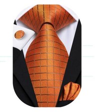 Mens Orange Plaid Necktie with Handkerchief Cufflinks Set