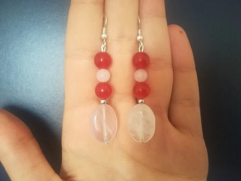 ORECCHINI QUARZO ROSA E GIADA ROSSA IN ARGENTO 925 FATTI A MANO, PIETRE NATURALI - Immagine 3 di 4