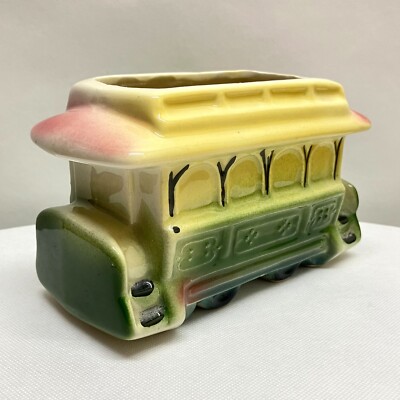 Vintage Ceramic Trolley Train Car Bus American Bisque? Colorful Planter Holder