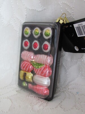 Blown glass ornament, sushi box.