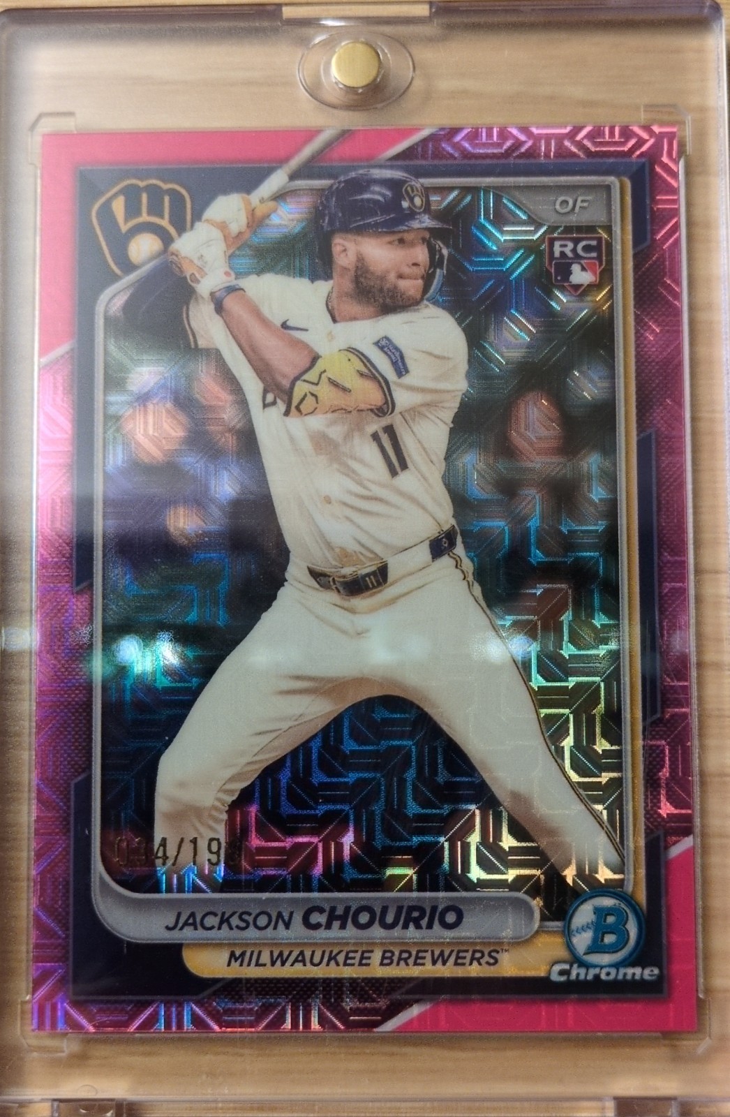 2024 Bowman Chrome - Jackson Chourio #69 Pink Mojo Refractor /199 (RC)