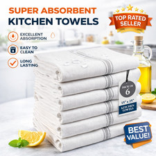 6 Pack Cotton Kitchen Towels 14x25 Absorbent Dish Tea Towels Grey Stripe Set