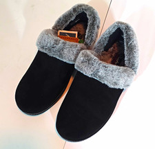SKECHERS Cozy Campfire Faux Suede Slip-On Slippers Faux Fur Trim Black Gray 10