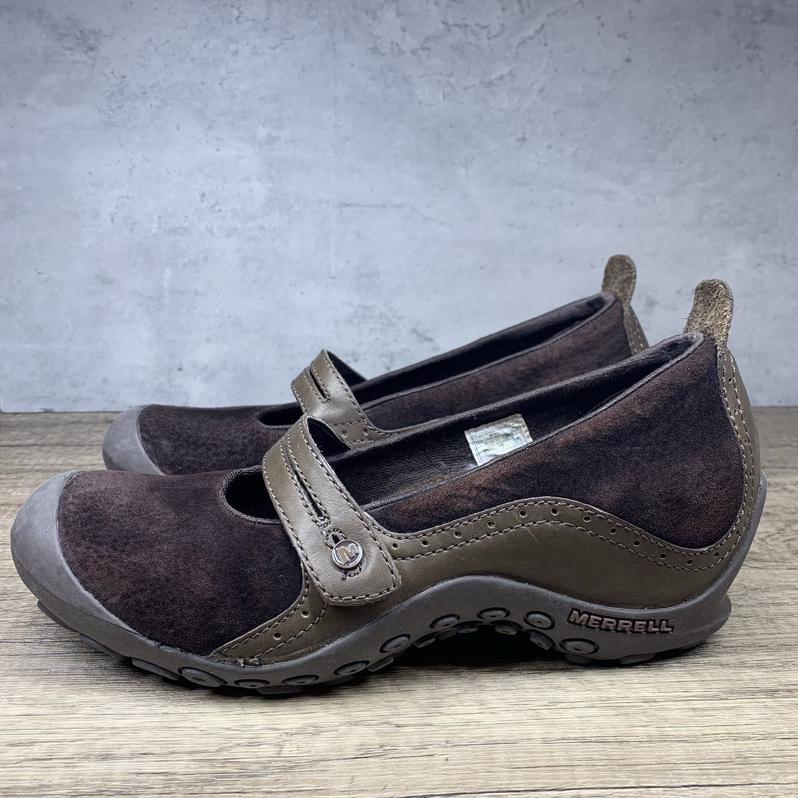 Scarpe Mary Jane Merrell~donna~Plaza Bandeau in pelle marrone camoscio~taglia 9 5