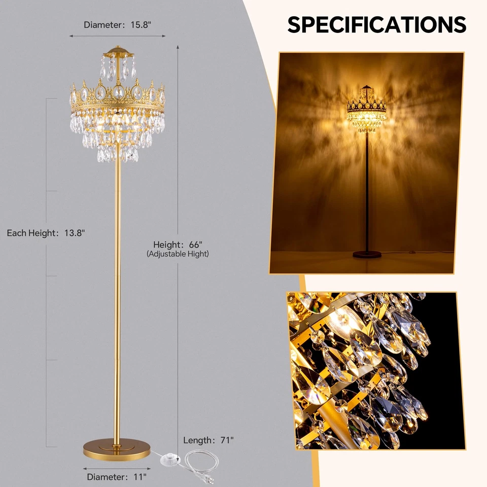 3 Lights Gold Floor Lamp - Modern Farmhouse Crystal Standing Lamp, 66" Tall A... - Image 3 of 4