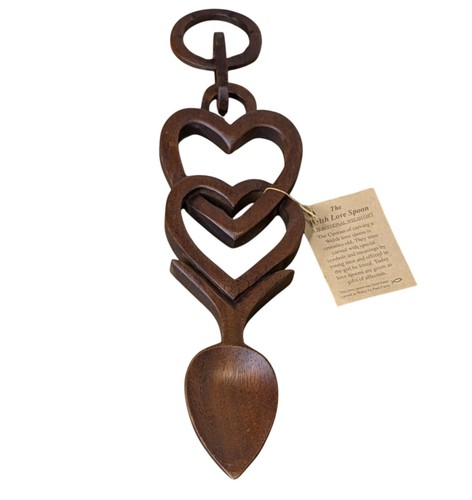 12” Vintage Large Traditional Hand Carved Wood Welsh Love Spoon w/ Tag, Wedding