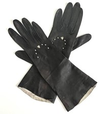 Vintage 40s 50s Black Kid Leather Gloves Silver Heart Studs Sz 6.5 West Germany
