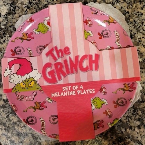 Juego de 4 Platos Rosa Melamina El Grinch 8" Redondos Nuevos - Imagen 1 de 3