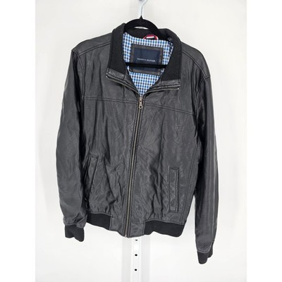 Tommy Hilfiger Mens Sz L Zip Up Black Faux Leather Bomber Jacket
