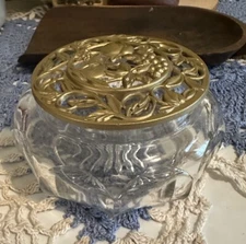 Glass Potpourri Jar Bowl Container W/ Pewter Lid 2”x  5” Fruit Decor Vintage