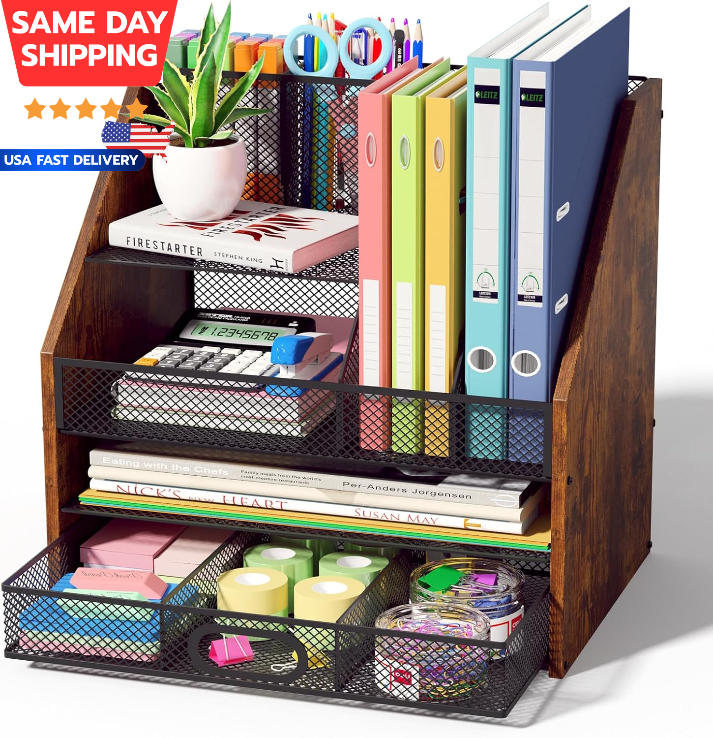 4-Tier Wooden Desk Organizer with Drawers, Pen Holder & Mesh File Storage  
