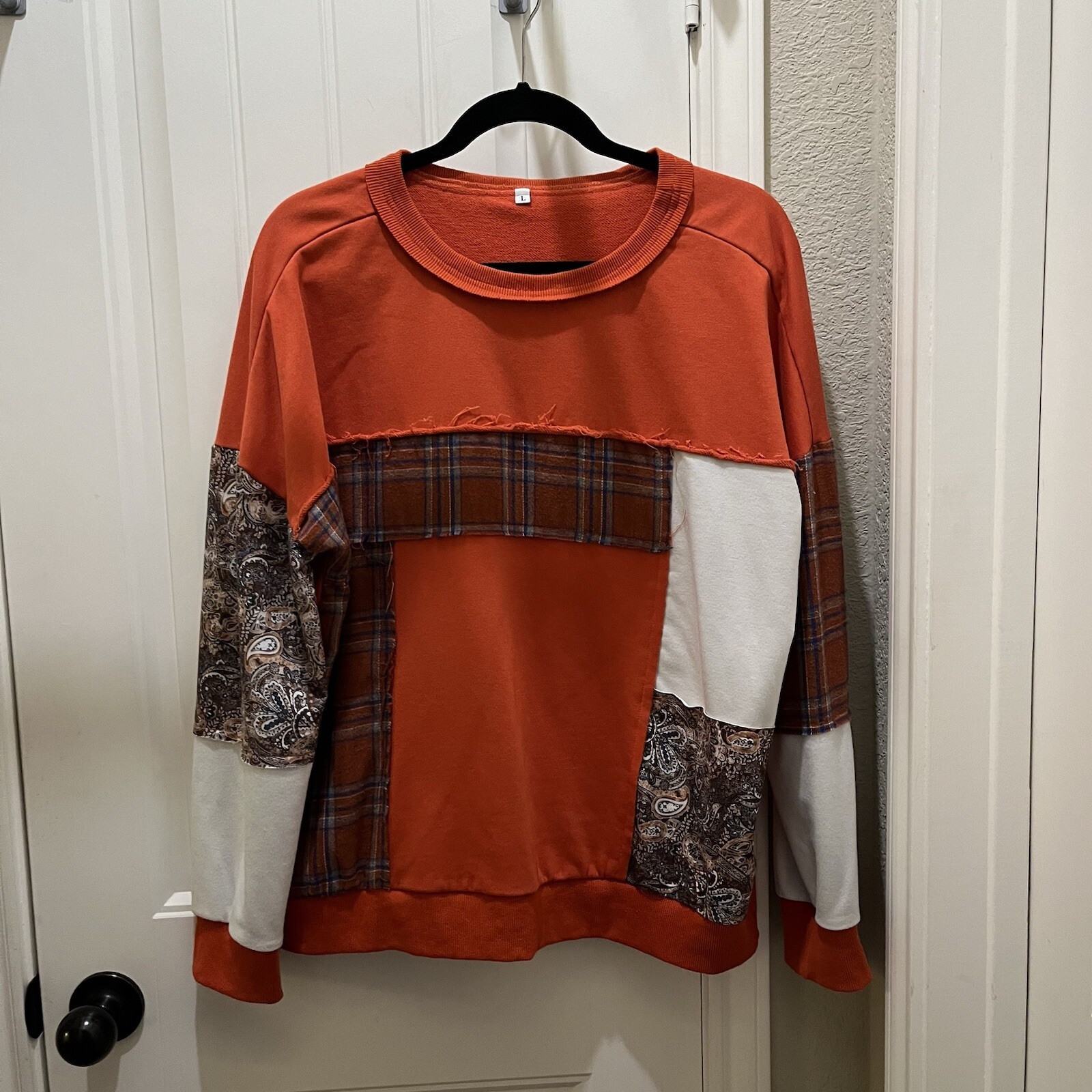 Womens Patchwork Mixed Print Orange Fall Pullover… - image 2