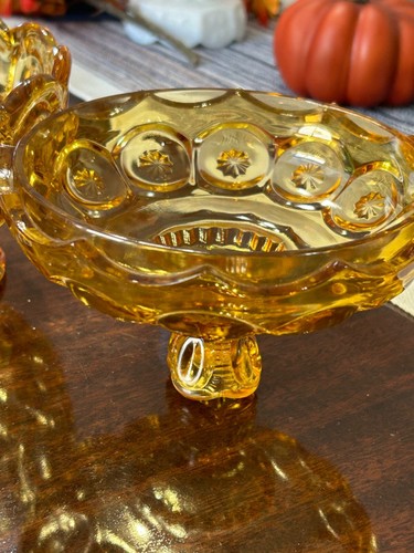 Vintage L.E. Smith Moon and Stars Amber Glass Covered Pedestal Candy Jar Compote - Bild 9 von 10