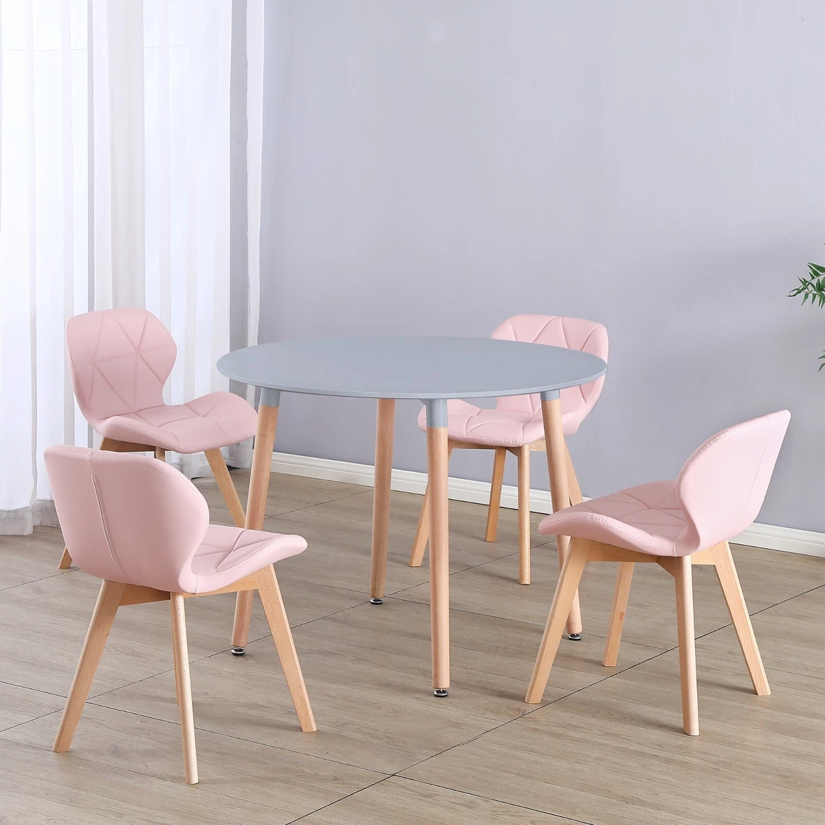Round 4 Seat Grey Dinner Table Pink Faux Leather Chair Scandi Kitchen Dining
