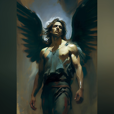 Guardian in Shadows: Angel with Wings in a Dark Room - Oil