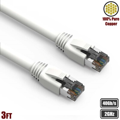 3FT CAT8 RJ45 Network LAN Ethernet Patch Cable S/FTP 2GHz 40Gbps Copper White