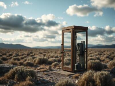 An Old Phone Booth Sits Abandoned in a Desert under a Cloudy Sky Poster 18 x 24
