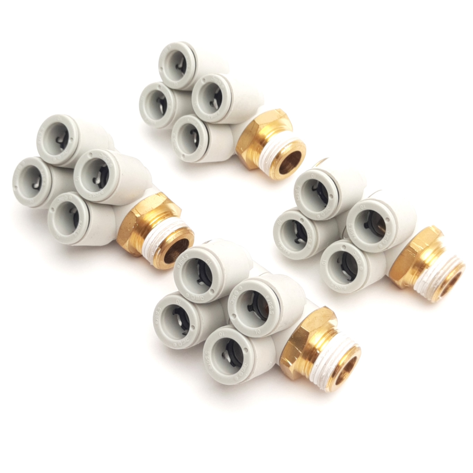 Lot of 4 SMC KQ2ZD10-03AS Double Branch Male Elbow, 10mm P2C to R3/8, 1MPa Max