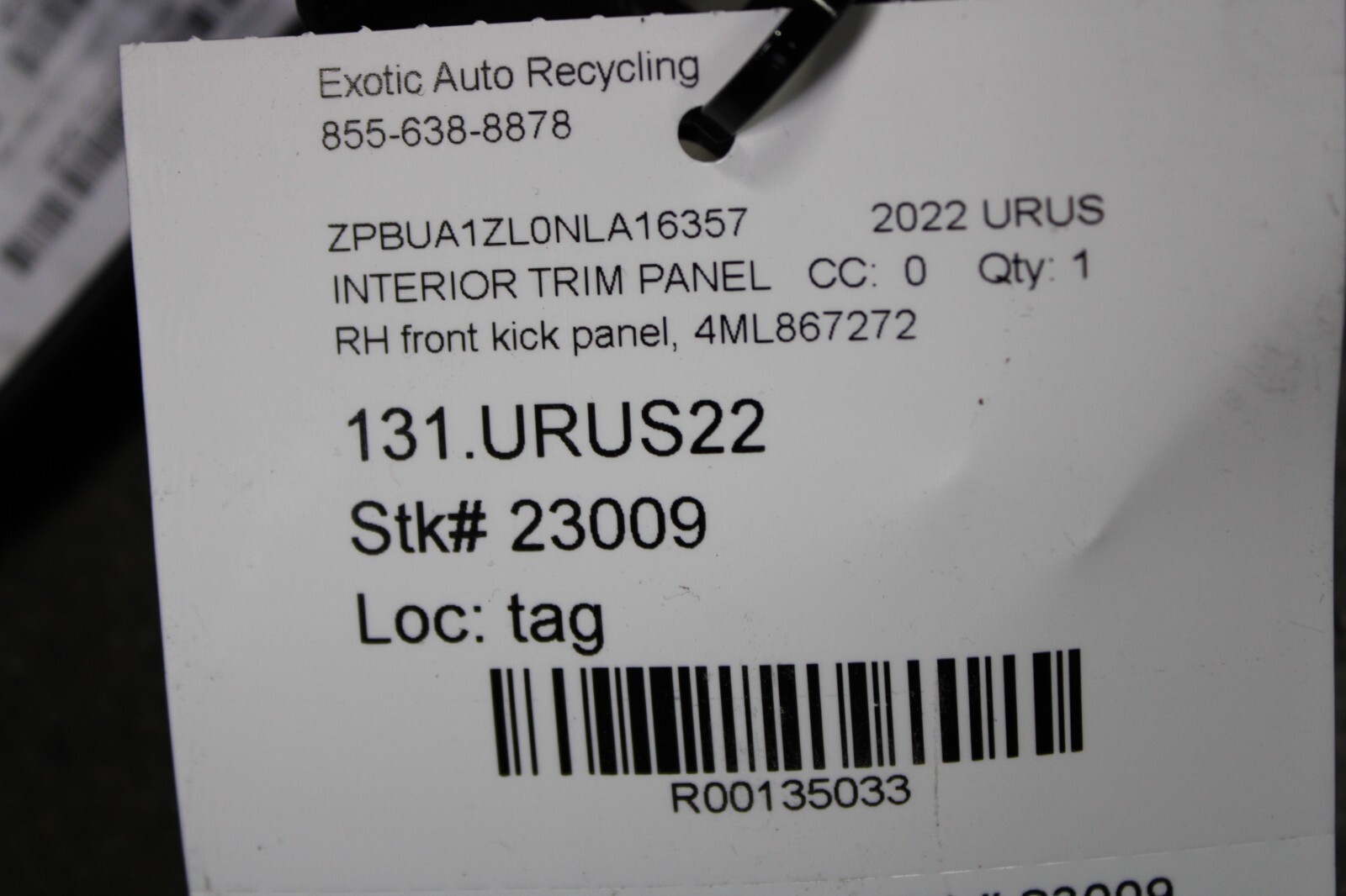 Lamborghini Urus, RH, Right, Front Kick Panel, Used, P/N 4ML867272