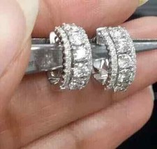 3Ct Round Real Moissanite Women's Huggie Hoop Earrings 14K White Gold Plated