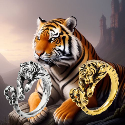 Tiger Hug Adjustable Ring Zodiac Animal Jewelry Vintage Look Open Adjustable