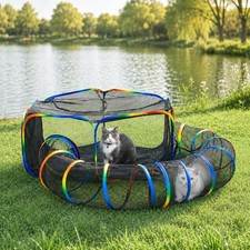Portable Cat Enclosure - 2-in-1 Outdoor Catio with Tent  Tunnel, Foldable Pl...