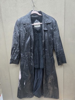 Vintage Bernini Black Leather Trench Coat Women s Medium Long Jacket Faux Fur...