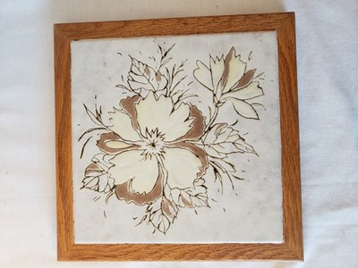 Vintage Ceramic Tile Trivet Flowers Oak Trim 9.5'' Square  Made in Italy