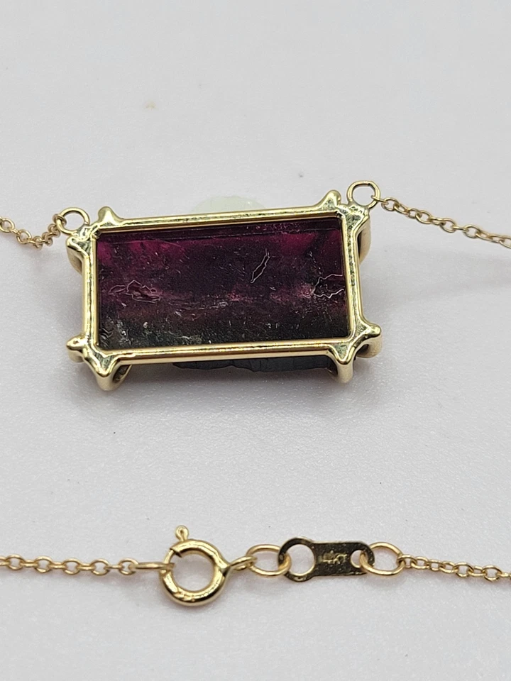 Watermelon Tourmaline Slice Pendant 14k solid yellow gold 20x12mm - Image 2 of 4