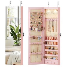 Mirrored Wall  Door Mounted Jewelry Cabinet Storage Organizer W/ Lights Drawer