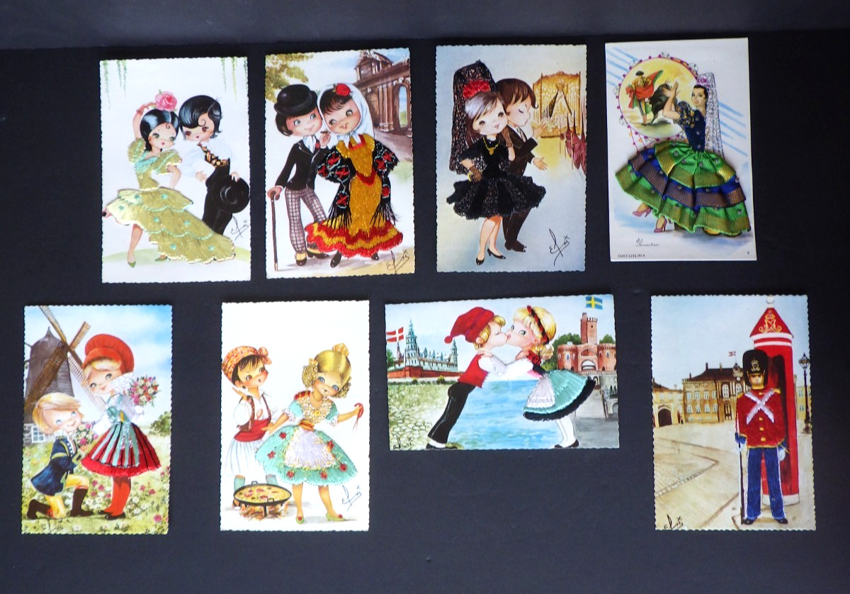 Juego de 8 Postales Españolas Bailarines Flamencos Bordados Tradicionales Disfraces