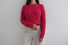 Vintage Ralph Lauren Sport Women's Cable-Knit Cotton Crewneck Sweater Size M Pin
