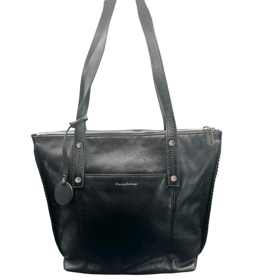 Tommy Bahama Bolso de Mano de Cuero Negro Cremallera Superior Cartera de Hombro  Foto 2 de 4