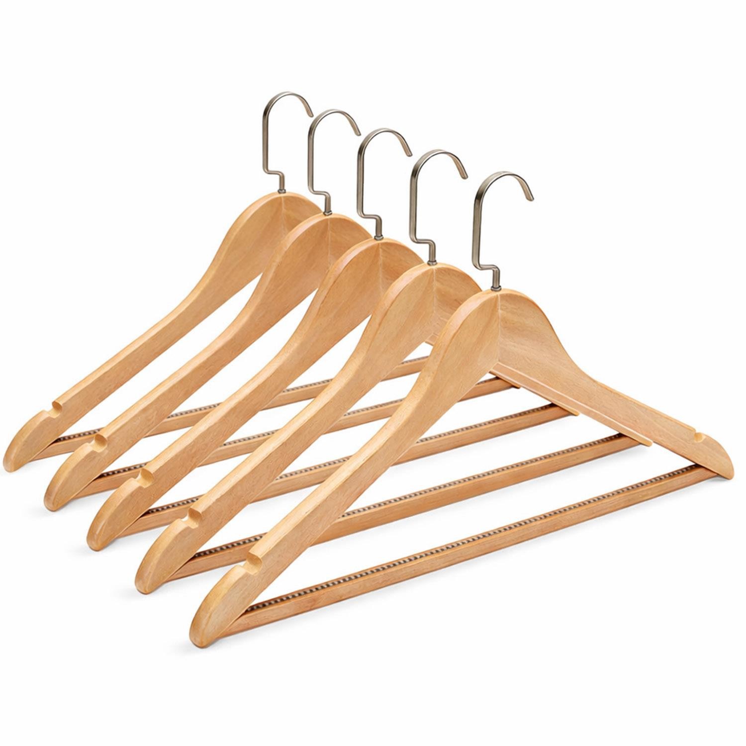 5x Space Saving Wooden Hangers Anti Slip Trouser Bar Wide Shoulder Notch Natural