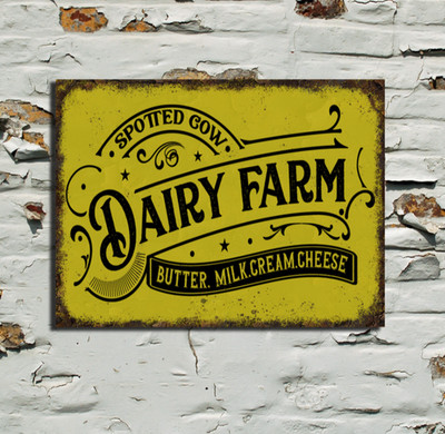 Gefleckte Kuh Milchvieh Bauernhof Vintage Look Blechschild Plakette Schuppen Mancave Farm
