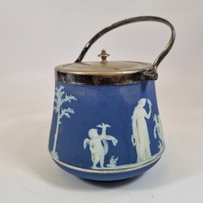 Antique Wedgwood Blue Jasperware Biscuit Barrel Silver Plated Lid & Handle
