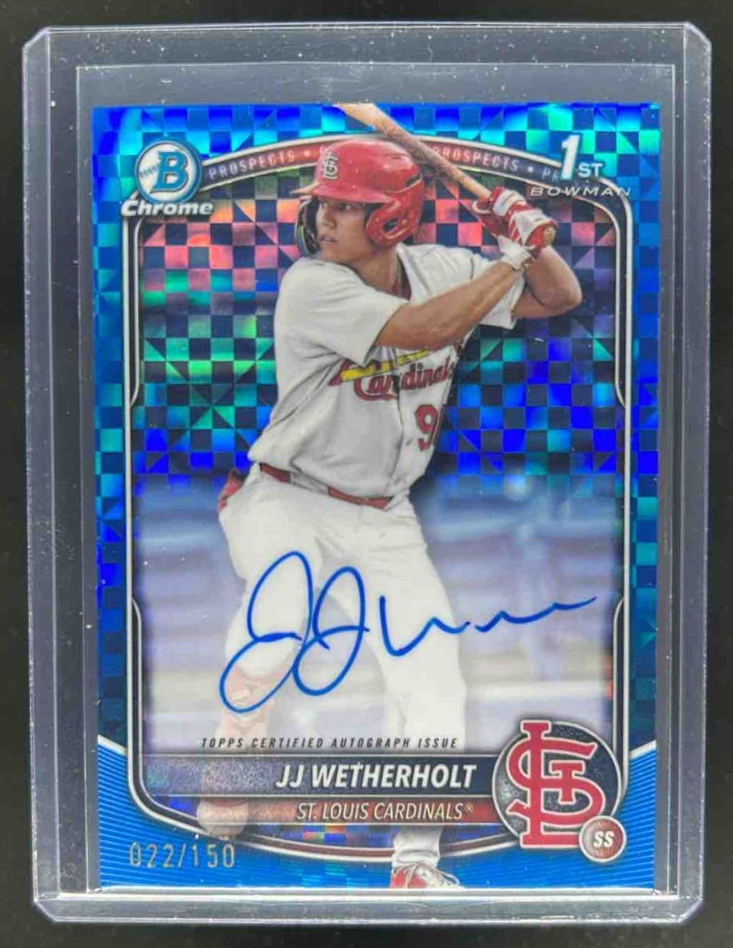 2025 Bowman JJ Wetherholt Chrome Auto Blue X-Fractor 1st Prospect #22/150