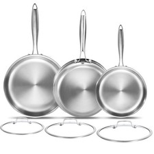 DELARLO Tri-Ply Stainless Steel Pan,18/10, 8",10,12" 8"10"12"+Lid