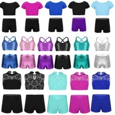 Kids Girls Tankini Athletics Sports Dance Outfit Tank Top Bottoms Set Workouts