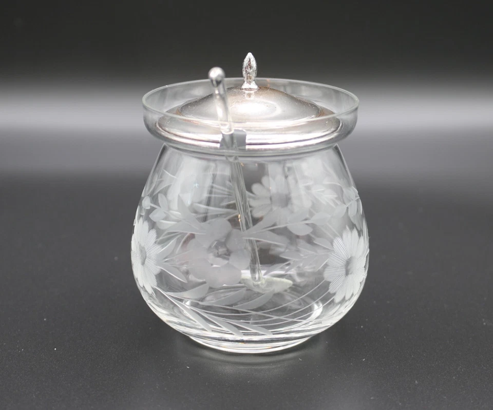 Vintage Watson Etched Crystal Glass Marmalade/Jam Jar w/ Sterling Silver Lid - Image 4 of 4
