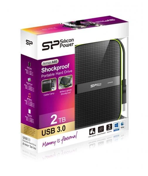2TB Silicon Power Armor A60 Shockproof Portable Hard Drive - USB3.0 Black/Green - Image 2 of 4