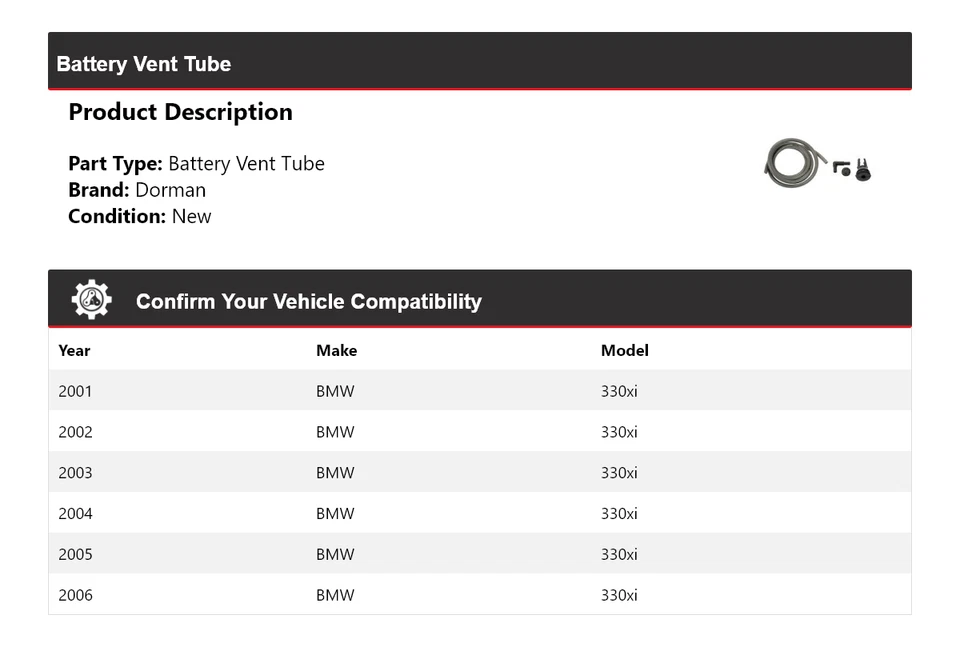 Tubo de ventilación de batería para BMW 330xi Dorman 2001-2006 2002 2003 2004 2005 Foto 2 de 4