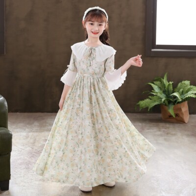 chiffon long dress korean 2019 Korean Women Ruffle Long Sleeve V-Neck High Waist Princess Chiffon Dress