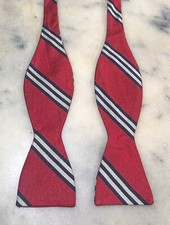 Rooster 100% Silk Striped Red White Navy Blue Woven Self Tie Bow Tie Made In USA