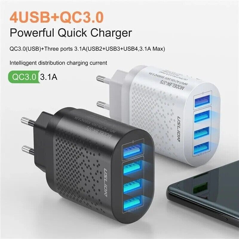 USLION 4-Port-USB-Ladegerät, 48W, Black, Quick Charge 3.0 für Apple, Samsung