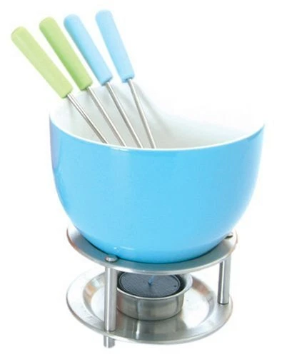 Mastrad Chocolate Fondue Set Blue or Black Floral Designs Dipping Fruit Party