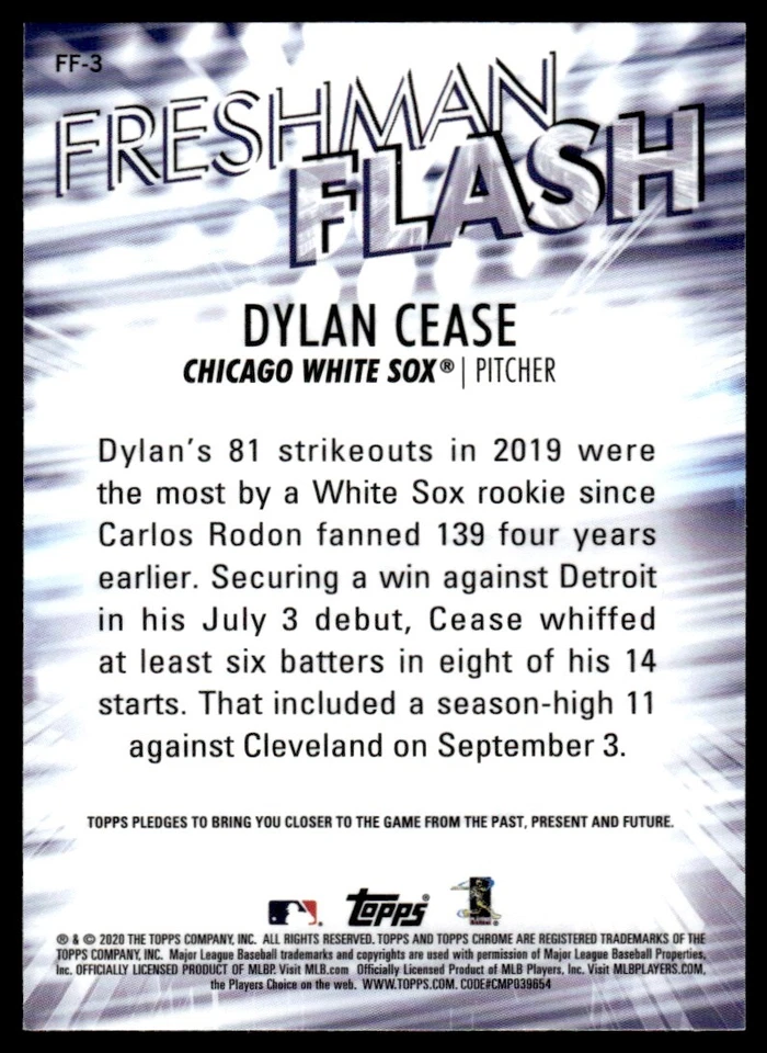 2020 Topps Chrome Freshman Flash Dylan Cease R31 Chicago White Sox #FF-3 - Image 2 of 2